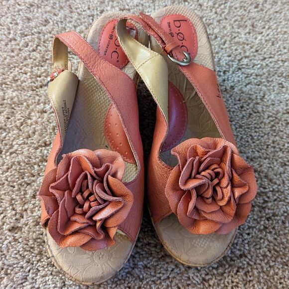 Born Concepts Pink Orange Leather Flower Slingback Peep Toe Cork Wedges - Picture 2 of 9